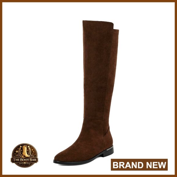 Knee High Boots Women Flat Rounded Toe Stretchy PU Leather Side Zipper